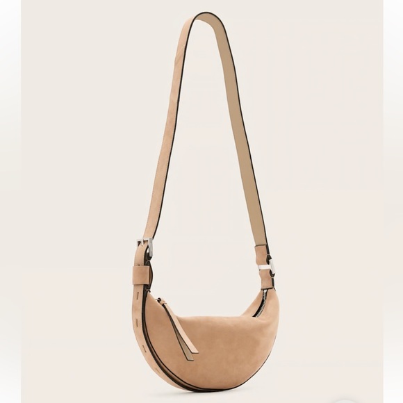 Allsaints Half Moon Suede Crossbody Bag in Mink Tan. - Picture 1 of 12